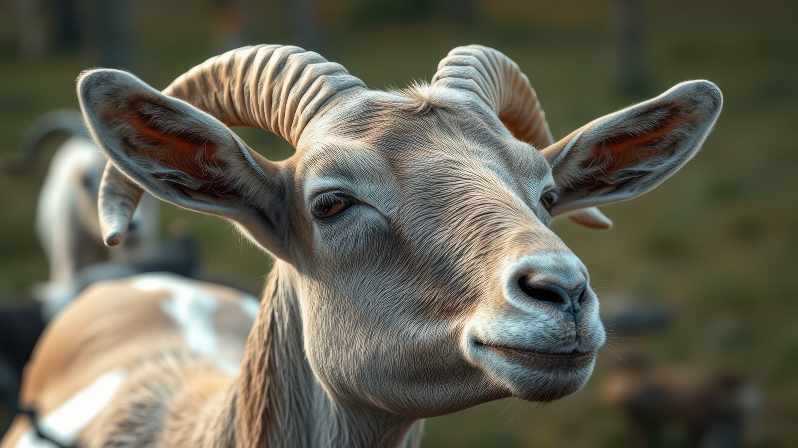Friendly goat poses in a sunny green meadow with other goats in the background during a bright afternoon